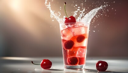 Wall Mural - Cherry soda delight with ice, cherries, and splashing water in a softly lit background