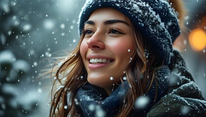 Wall Mural - Joyful woman in winter attire laughing amidst falling snowflakes, radiating delight and warmth in the cold atmosphere