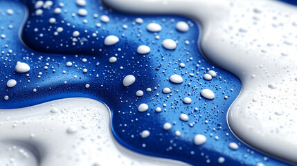 Close-up of blue and white fluid texture with droplets, showcasing vibrant colors and dynamic patterns for artistic backgrounds.