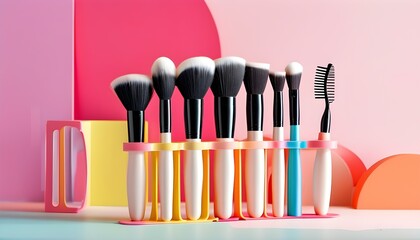 Vibrant makeup brushes in a colorful holder against a modern vanity, exuding a chic and playful ambiance