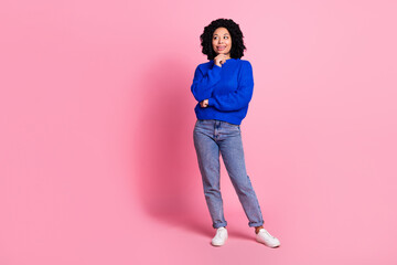 Wall Mural - Full length photo of adorable lovely woman wear blue stylish clothes empty space isolated on pink color background