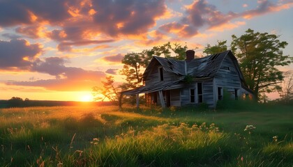 Wall Mural - Abandoned farmhouse illuminated by sunset glow, enveloped in overgrown grass and serene countryside vibes