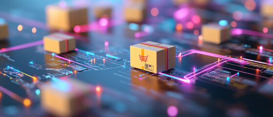 E commerce packages on digital network symbolize global trade growth.