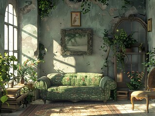 Wall Mural - Overgrown Vintage Living Room Decor with Green Sofa and Plants