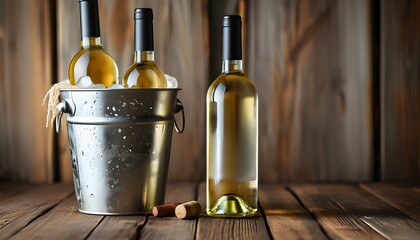 Wall Mural - Chilled elegance of white wine bottles on ice in a metallic bucket against a rustic wooden backdrop