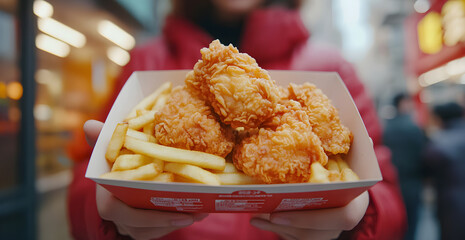 Wall Mural - A person holding a tray of fried chicken and french fries