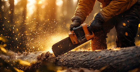 A man is cutting a tree with a chainsaw