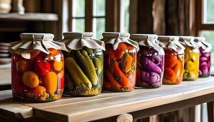 Wall Mural - Rustic display of colorful homemade preserved vegetables in glass jars on a wooden table, showcasing tradition and charm