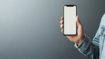 Casual person holding a smartphone with an empty background