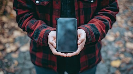 Casual person holding a smartphone with an empty background