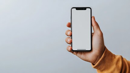 Casual person holding a smartphone with an empty background