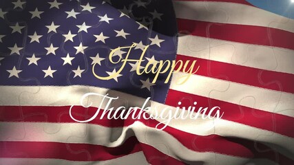 Poster - Animation of happy thanksgiving text over flag of usa of puzzle