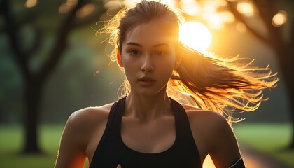 Wall Mural - Sunlit morning run through a vibrant park, where a young woman embraces the energy of the day with her hair shimmering in the light