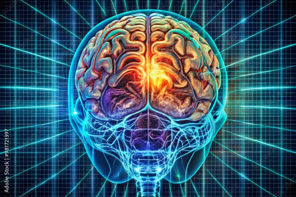 Detailed vector graphic of a brain MRI scan, showcasing the intricate ...