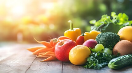 Close-up of vibrant fresh fruits and vegetables arranged in a balanced layout on a wooden table, symbolizing healthy gut nutrition and natural wellness