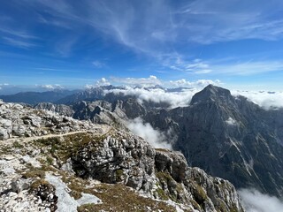 walking and hiking trails around the peak of mangart and in the julian alps, strmec na predelu (trig