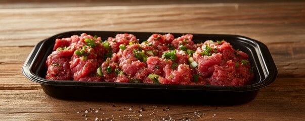 Freshly chopped raw beef with herbs in