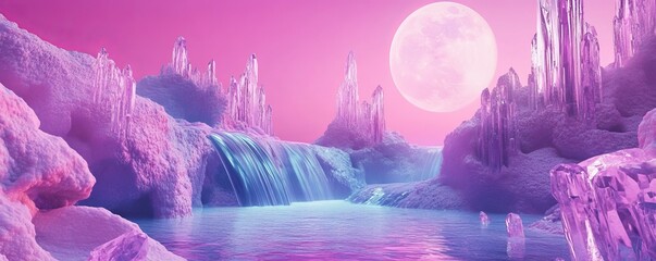 Canvas Print - Surreal pink landscape with crystalline formations