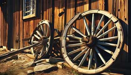 Nostalgic charm of an old wagon wheel illuminated by sunlight on a rustic wooden wall, celebrating simplicity and the essence of rural history