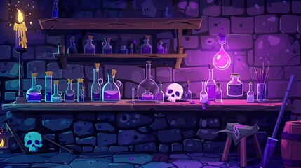 Mystical Alchemist Workbench: Cartoon Vector Scenes with Potions, Vials, and a Creepy Stone Wall in the Background