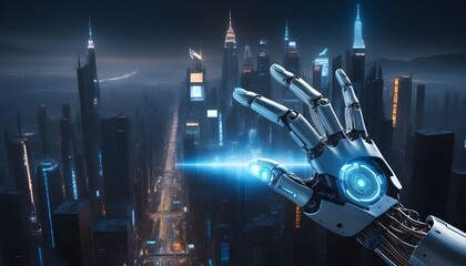 Poster - A humanoid hand with a subtle expression of curiosity reaches out to meet a metallic robotic hand, both touching a radiant.