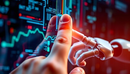 Poster - A close-up shot of a human finger and a robotic finger interacting with a transparent touch screen displaying abstract digital data.