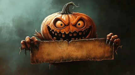 A Grinning Pumpkin Jack-o'-Lantern Holding a Blank Sign