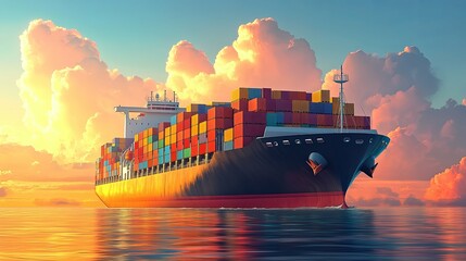 Wall Mural - Cargo Ship Sailing at Sunset with Colorful Containers