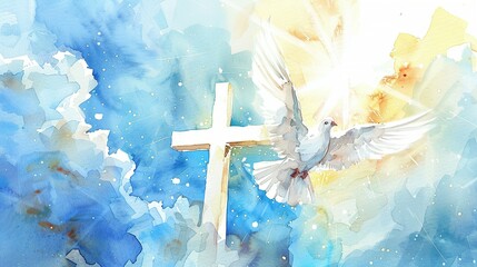 Watercolor Depiction for Whit Monday: A White Dove Flying Near a Glowing White Cross Amidst the Clouds