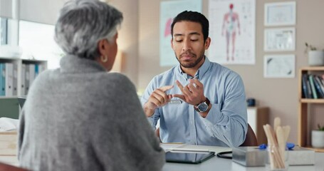 Sticker - Man, doctor and consultation with GP at clinic for medical evaluation, information and support. Appointment, discussion and woman with healthcare worker at desk for treatment plan, review and advice