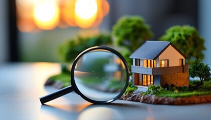 Wall Mural - Exploring Real Estate Investment Opportunities Through a Magnifying Glass on a Miniature House