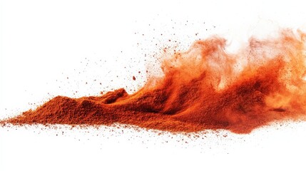 Wall Mural - High-speed photo of red powder explosion on a white background, capturing dynamic movement and texture in vibrant detail.