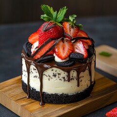 Wall Mural - A small white cake topped with chocolate ganache and fresh strawberries on a wooden board.