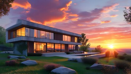 Wall Mural - Contemporary house design featuring expansive windows set against a picturesque landscape and breathtaking sunset backdrop