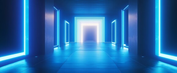 Poster - Blue neon lights illuminate a long hallway with doors at the end, creating a futuristic and mysterious atmosphere.