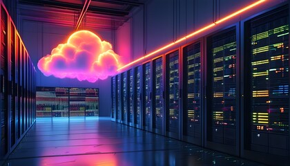 Wall Mural - Futuristic data center showcasing cloud technology with vibrant neon graphics, embodying the evolution of digital storage and seamless connectivity.