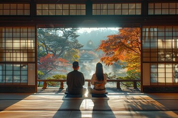 Canvas Print - Couple Admiring the Autumnal View Through a Traditional Japanese Window