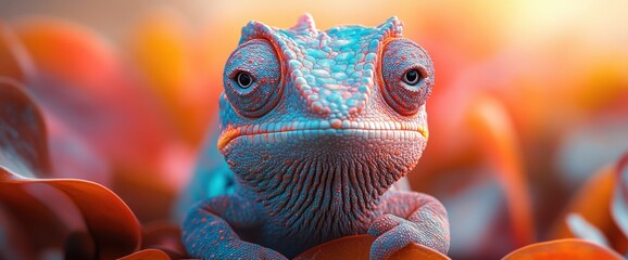 A vibrant close-up of a colorful lizard among lush foliage.