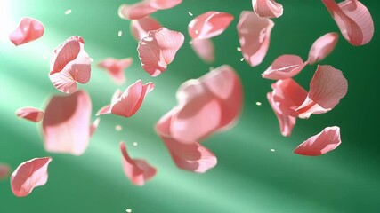 Poster - beautiful shot featuring pink flower petals slowly falling down against a green screen background, p