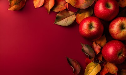 Red apples with orange autumn leaves on red background with copy space, Generative AI 