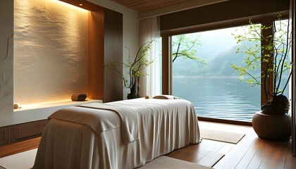 Wall Mural - Tranquil spa sanctuary with minimalist design, massage bed, and soothing natural elements for ultimate relaxation and rejuvenation