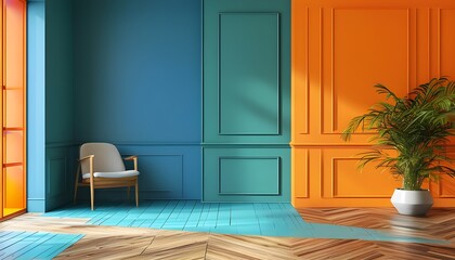 Wall Mural - Dynamic teal design on a vibrant orange wall with a warm wooden floor, ideal for modern decor and creative backgrounds