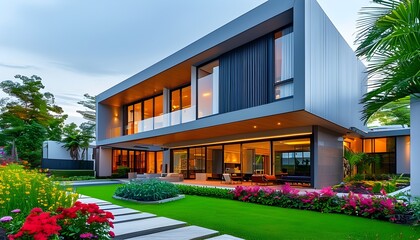 Sticker - Sleek Modern House with Expansive Windows and Lush Garden Highlighting Contemporary Architecture and Welcoming Atmosphere