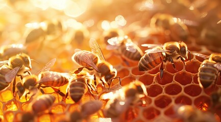 Honeycomb with Bees in Golden Sunlight