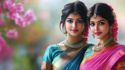 Two Beautiful Indian Women Wearing Traditional Sarees