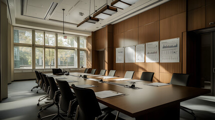 Modern Conference Room Interior with Wooden Table and Chairs