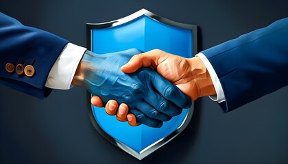 Wall Mural - Handshake Representing Partnership and Trust Against a Blue Shield Background