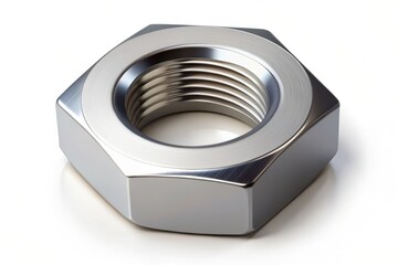 A highly detailed illustration of a single hex nut with precise edges and flat surfaces, set against a pure white background, with subtle shadowing to accentuate its geometric shape.