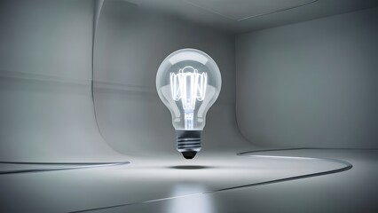 futuristic led lightbulb floating in a minimalist white room