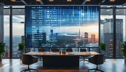 High-tech business meeting in modern office with digital data display and stunning cityscape backdrop